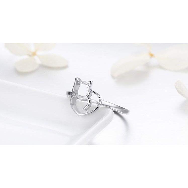 LITTLE CAT & HEART 925 STERLING SILVER RING